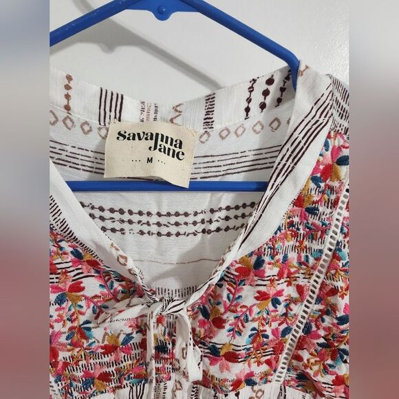 Savanna Jane Floral Embroidered Top Boho Womens  Tasseled Cap Sleeve White sz M - Picture 6 of 10